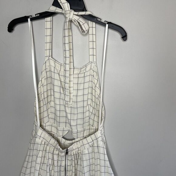 PAMELA LOVE Dress Womens Medium Plaid Halter Apron Midi Ivory Open Back Pockets - Picture 7 of 11